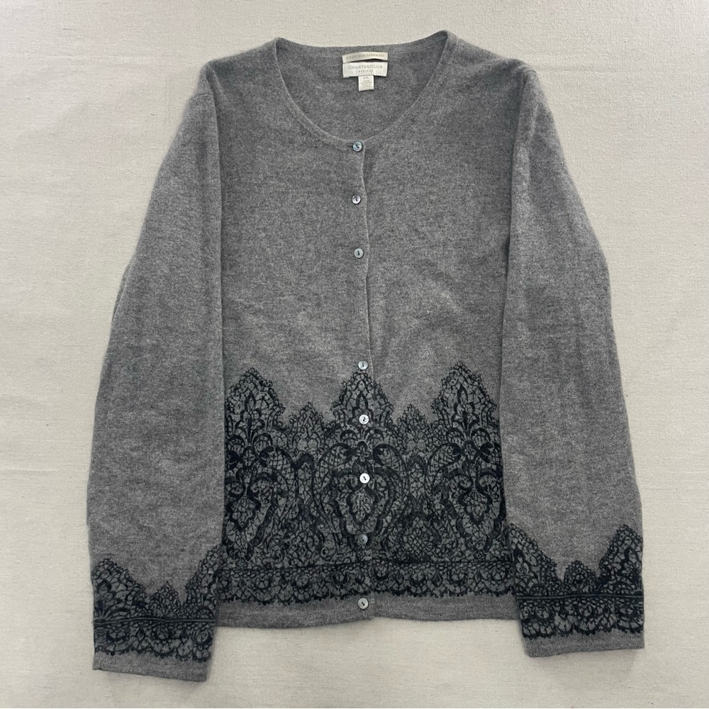 Charter Club 2-ply Cashmere Paisley Cardigan Size P/L Gray Office Quiet Luxury